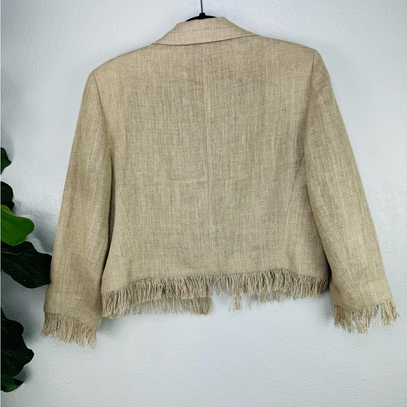 Harvey Bernard 100% Khaki Linen Two Piece Strapless Dress & Linen Fringe Jacket - Picture 7 of 12